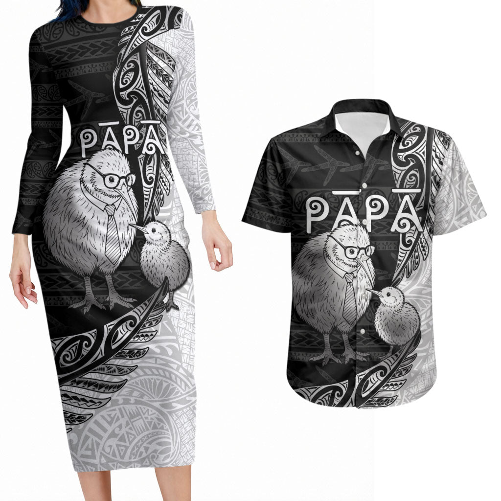 Personalised New Zealand Father's Day Couples Matching Long Sleeve Bodycon Dress and Hawaiian Shirt Papa Kiwi Bird Tribal Pattern