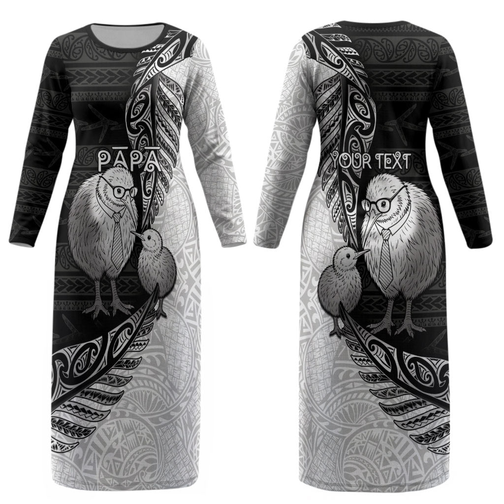 Personalised New Zealand Father's Day Couples Matching Long Sleeve Bodycon Dress and Hawaiian Shirt Papa Kiwi Bird Tribal Pattern DT05 - Polynesian Pride