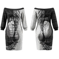 Personalised New Zealand Father's Day Couples Matching Off The Shoulder Long Sleeve Dress and Hawaiian Shirt Papa Kiwi Bird Tribal Pattern DT05 - Polynesian Pride