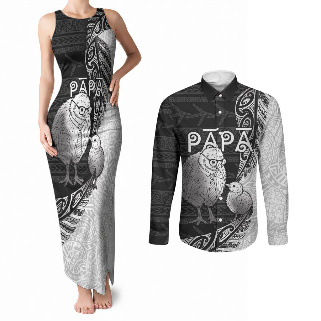 Personalised New Zealand Father's Day Couples Matching Tank Maxi Dress and Long Sleeve Button Shirt Papa Kiwi Bird Tribal Pattern