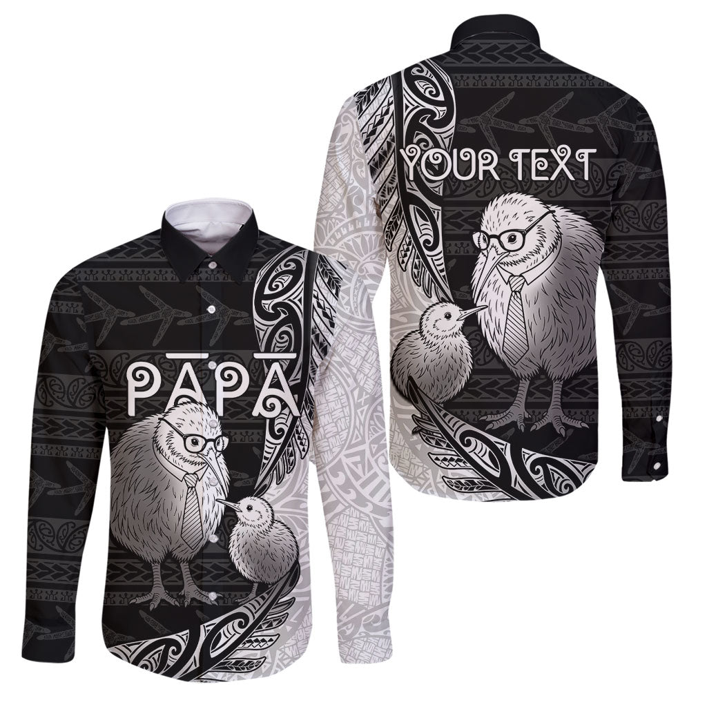 Personalised New Zealand Father's Day Family Matching Off Shoulder Maxi Dress and Hawaiian Shirt Papa Kiwi Bird Tribal Pattern DT05 Dad's Shirt - Long Sleeve Black - Polynesian Pride