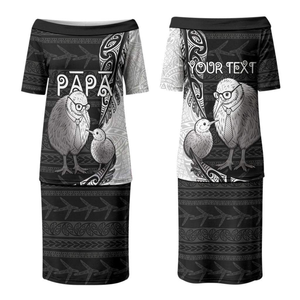 Personalised New Zealand Father's Day Family Matching Puletasi and Hawaiian Shirt Papa Kiwi Bird Tribal Pattern DT05 Mom's Dress Black - Polynesian Pride