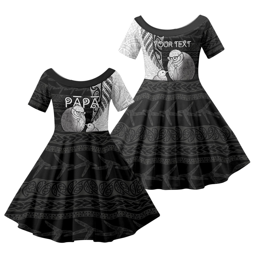 Personalised New Zealand Father's Day Family Matching Puletasi and Hawaiian Shirt Papa Kiwi Bird Tribal Pattern DT05 Daughter's Dress Black - Polynesian Pride
