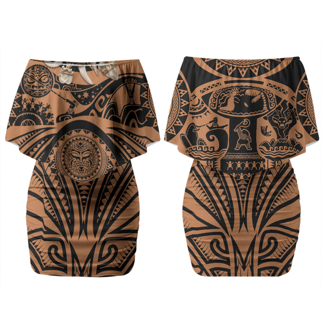 Polynesia Maui Tattoo Inspired Couples Matching Off Shoulder Short Dress and Hawaiian Shirt Tropical Leaf Skirt Costume