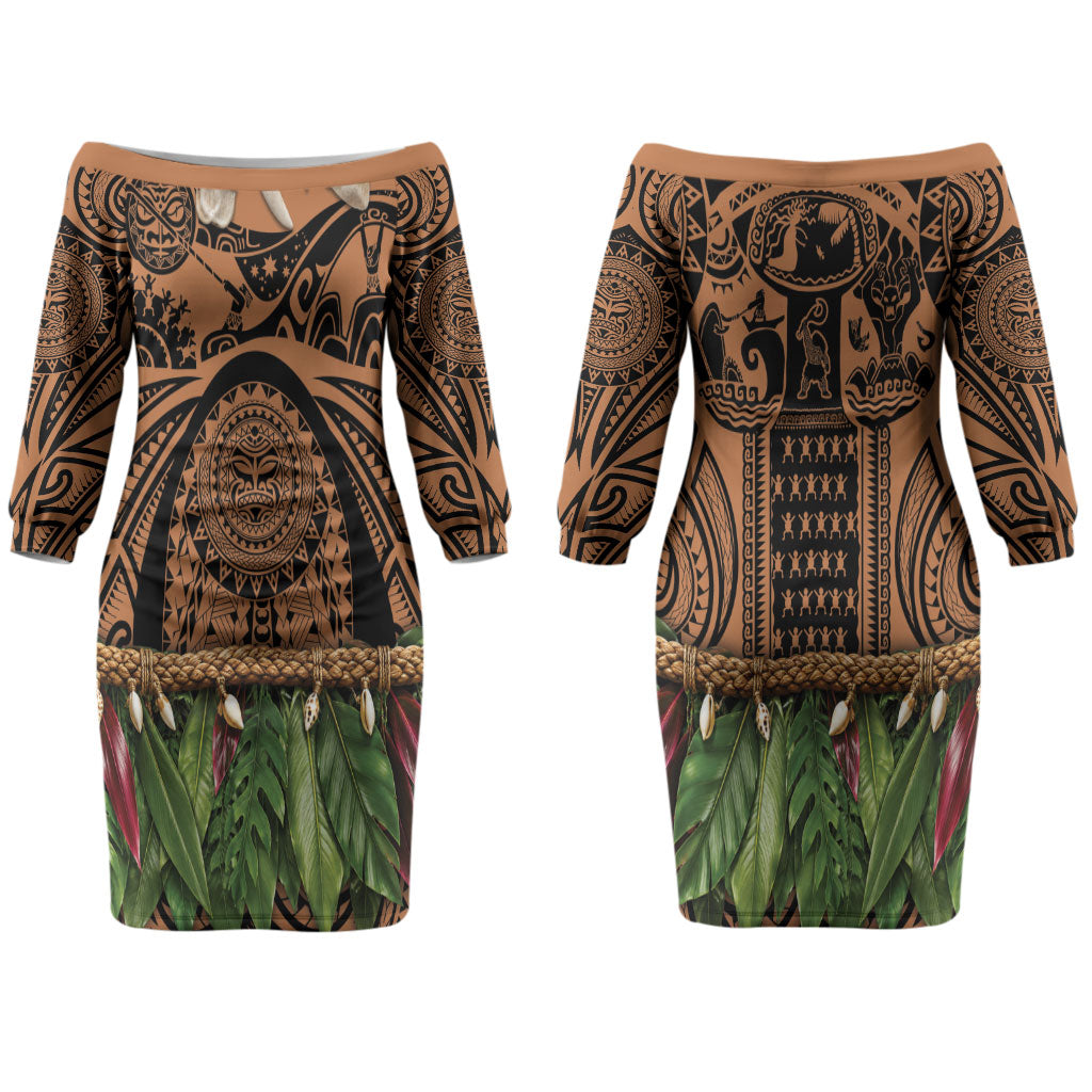 Polynesia Maui Tattoo Inspired Couples Matching Off The Shoulder Long Sleeve Dress and Hawaiian Shirt Tropical Leaf Skirt Costume