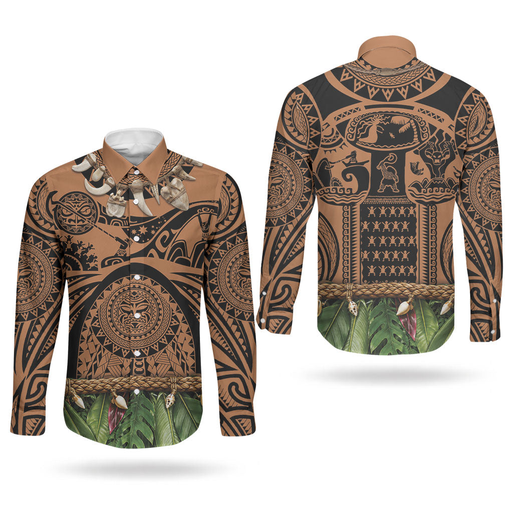 Polynesia Maui Tattoo Inspired Couples Matching Puletasi and Long Sleeve Button Shirt Tropical Leaf Skirt Costume