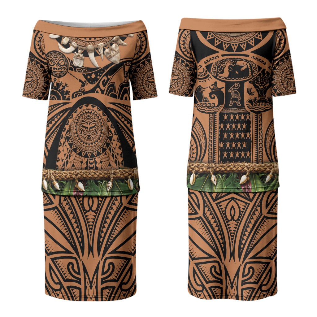 Polynesia Maui Tattoo Inspired Couples Matching Puletasi and Long Sleeve Button Shirt Tropical Leaf Skirt Costume