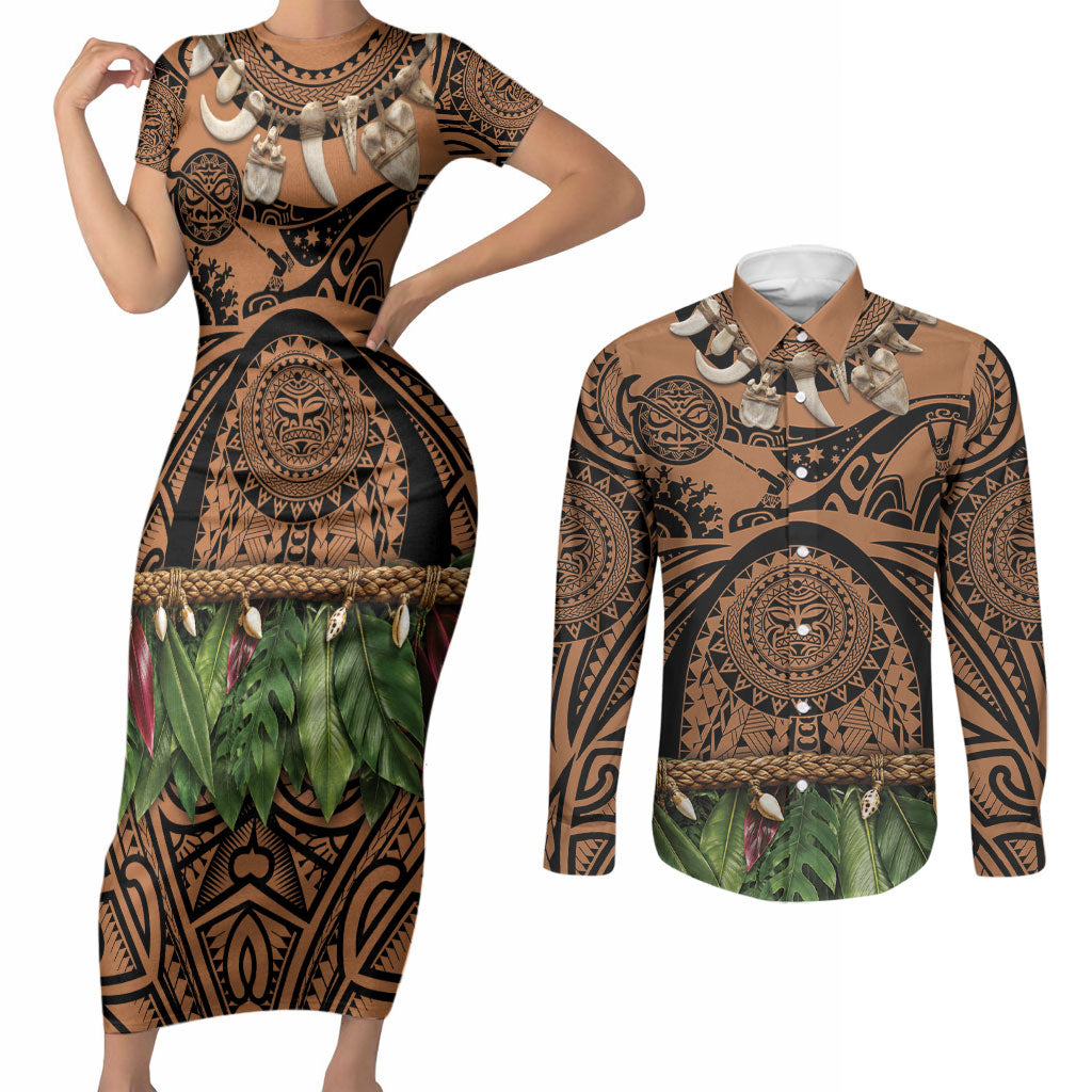 Polynesia Maui Tattoo Inspired Couples Matching Short Sleeve Bodycon Dress and Long Sleeve Button Shirt Tropical Leaf Skirt Costume