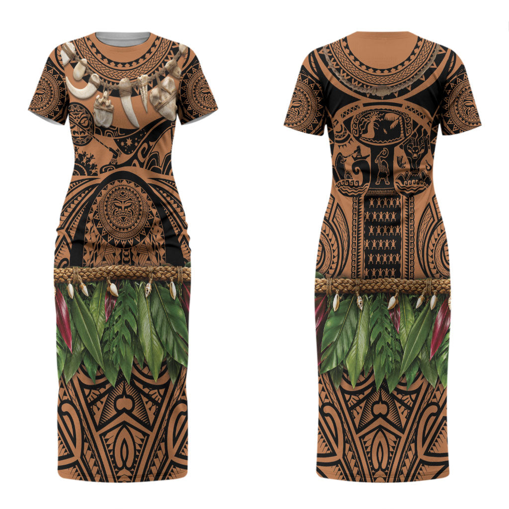 Polynesia Maui Tattoo Inspired Couples Matching Short Sleeve Bodycon Dress and Long Sleeve Button Shirt Tropical Leaf Skirt Costume