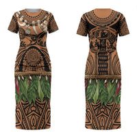 Polynesia Maui Tattoo Inspired Couples Matching Short Sleeve Bodycon Dress and Long Sleeve Button Shirt Tropical Leaf Skirt Costume