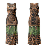 Polynesia Maui Tattoo Inspired Couples Matching Tank Maxi Dress and Long Sleeve Button Shirt Tropical Leaf Skirt Costume