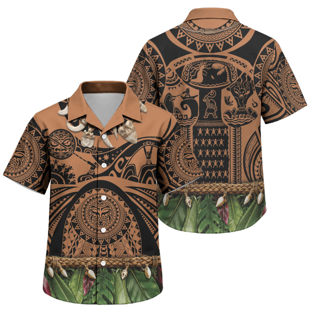 Polynesia Maui Tattoo Inspired Family Matching Off The Shoulder Long Sleeve Dress and Hawaiian Shirt Tropical Leaf Skirt Costume