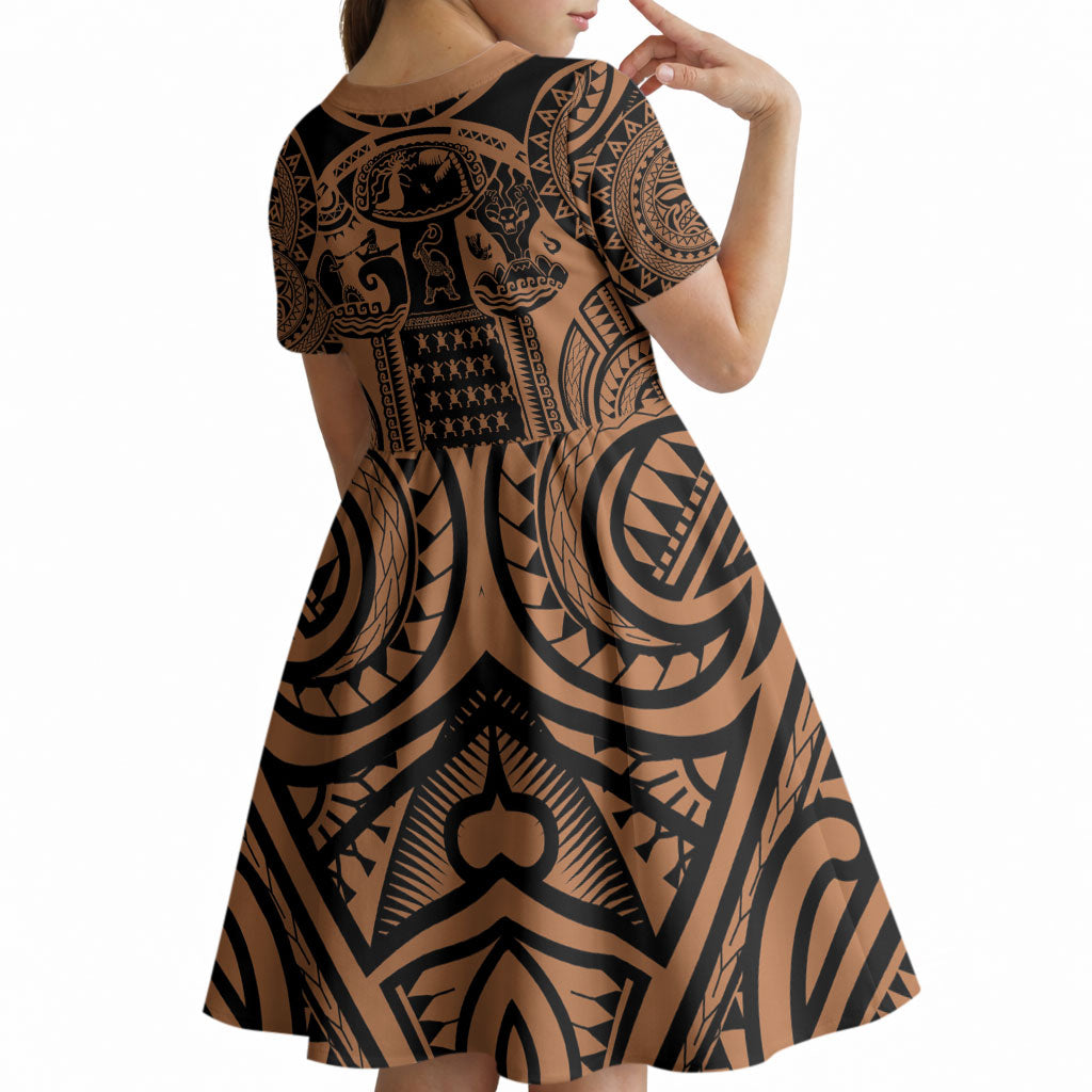 Polynesia Maui Tattoo Inspired Kid Short Sleeve Dress Tropical Leaf Skirt Costume