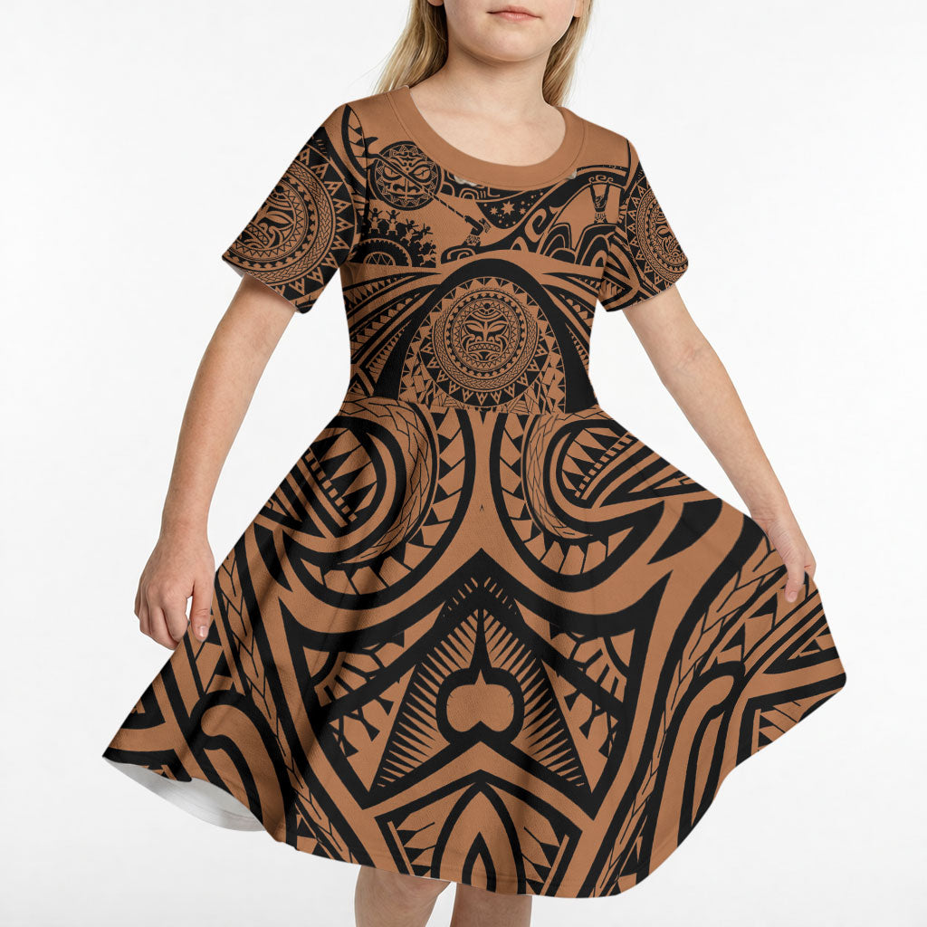 Polynesia Maui Tattoo Inspired Kid Short Sleeve Dress Tropical Leaf Skirt Costume