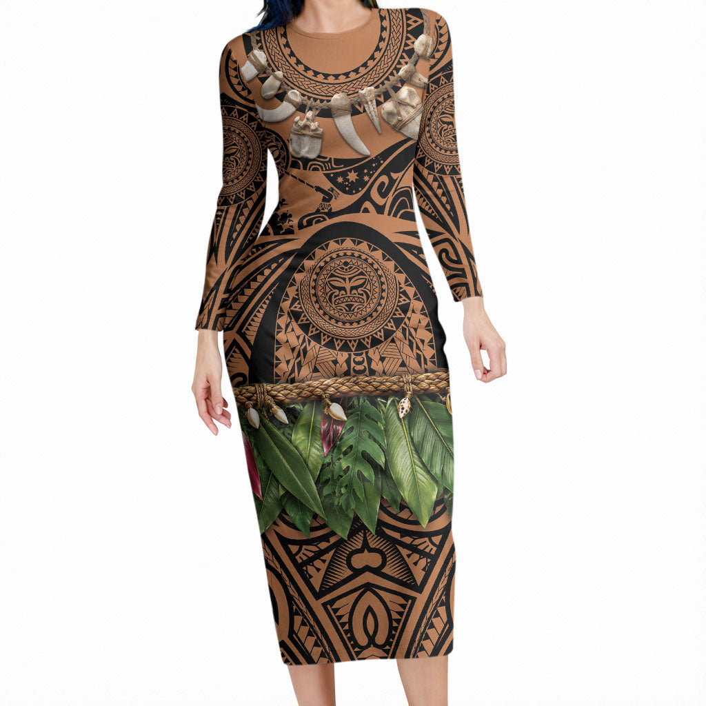 Polynesia Maui Tattoo Inspired Long Sleeve Bodycon Dress Tropical Leaf Skirt Costume