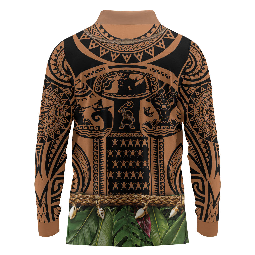 Polynesia Maui Tattoo Inspired Long Sleeve Polo Shirt Tropical Leaf Skirt Costume