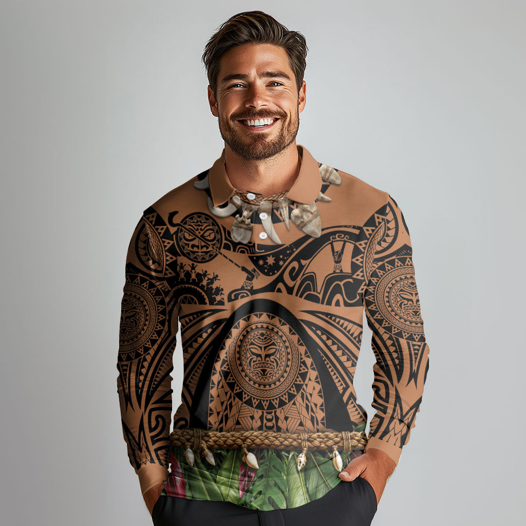 Polynesia Maui Tattoo Inspired Long Sleeve Polo Shirt Tropical Leaf Skirt Costume