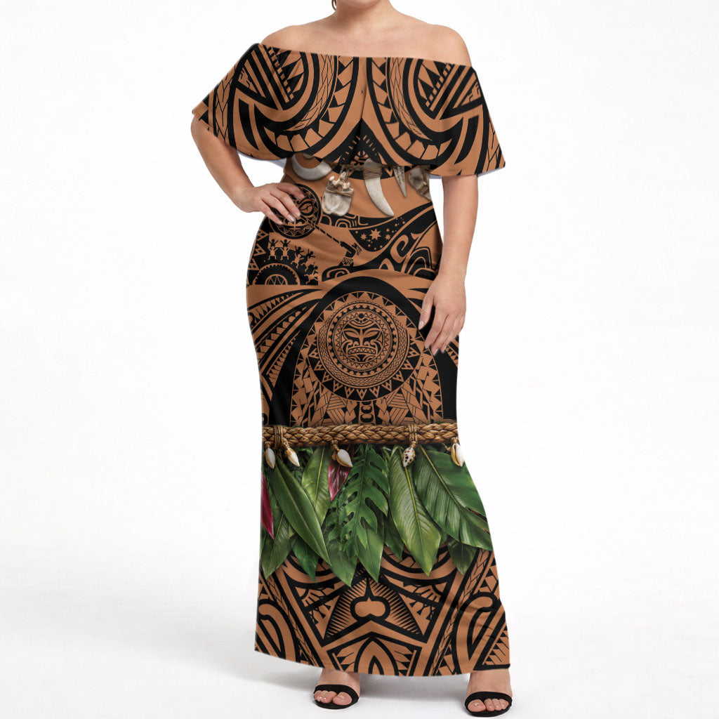 Polynesia Maui Tattoo Inspired Off Shoulder Maxi Dress Tropical Leaf Skirt Costume