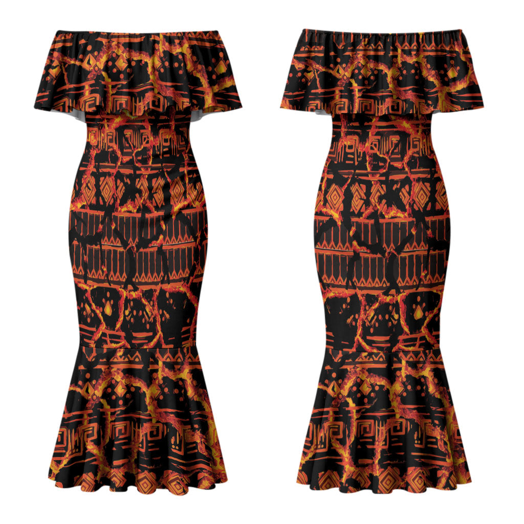 Polynesia Lava Monster Cosplay Couples Matching Mermaid Dress and Long Sleeve Button Shirt Fiery Glowing Volcano Crack Pattern