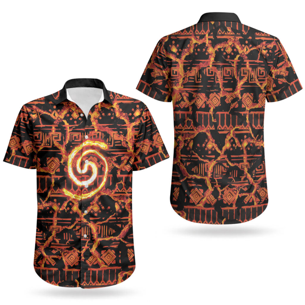 Polynesia Lava Monster Cosplay Couples Matching Off Shoulder Maxi Dress and Hawaiian Shirt Fiery Glowing Volcano Crack Pattern