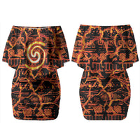 Polynesia Lava Monster Cosplay Couples Matching Off Shoulder Short Dress and Hawaiian Shirt Fiery Glowing Volcano Crack Pattern
