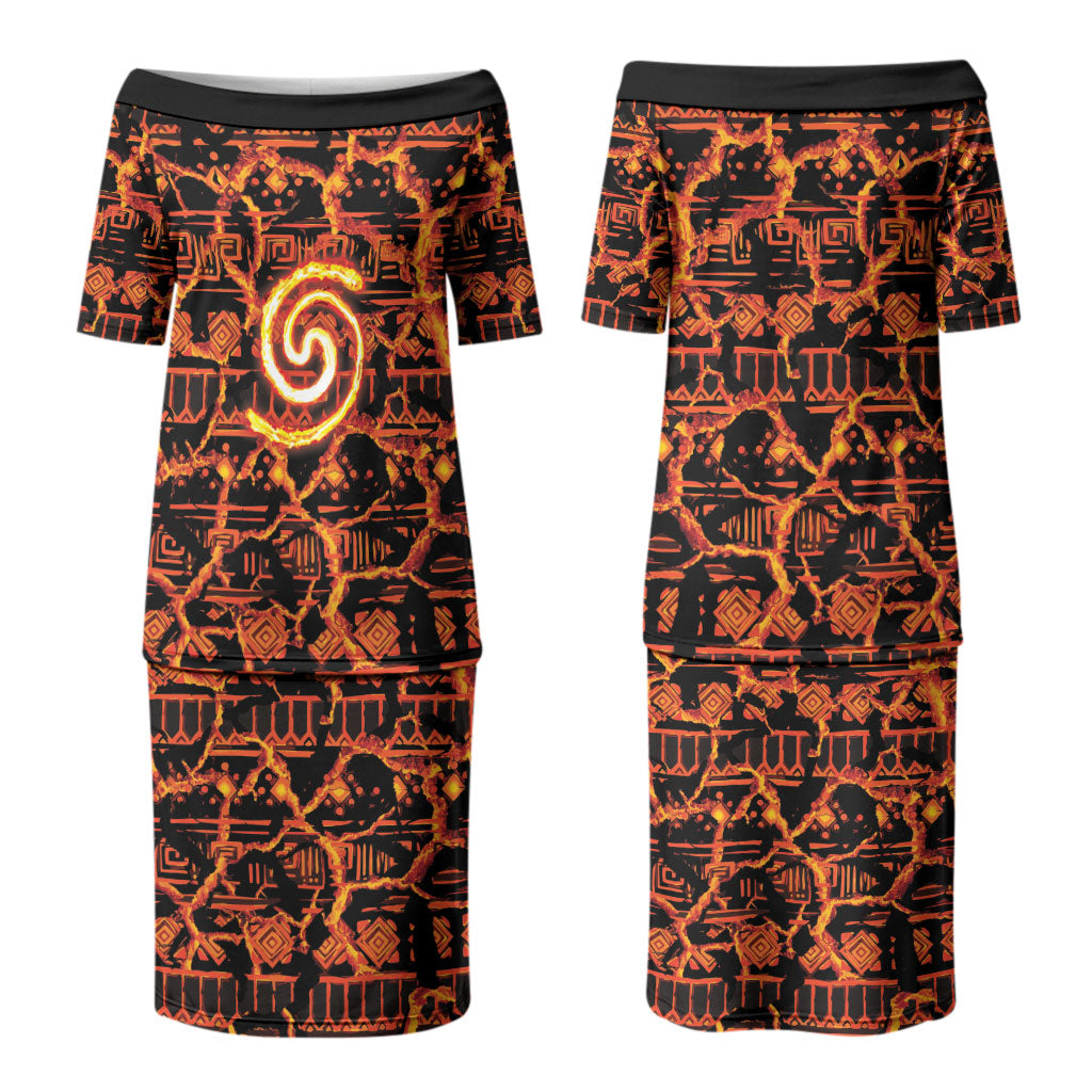 Polynesia Lava Monster Cosplay Couples Matching Puletasi and Long Sleeve Button Shirt Fiery Glowing Volcano Crack Pattern