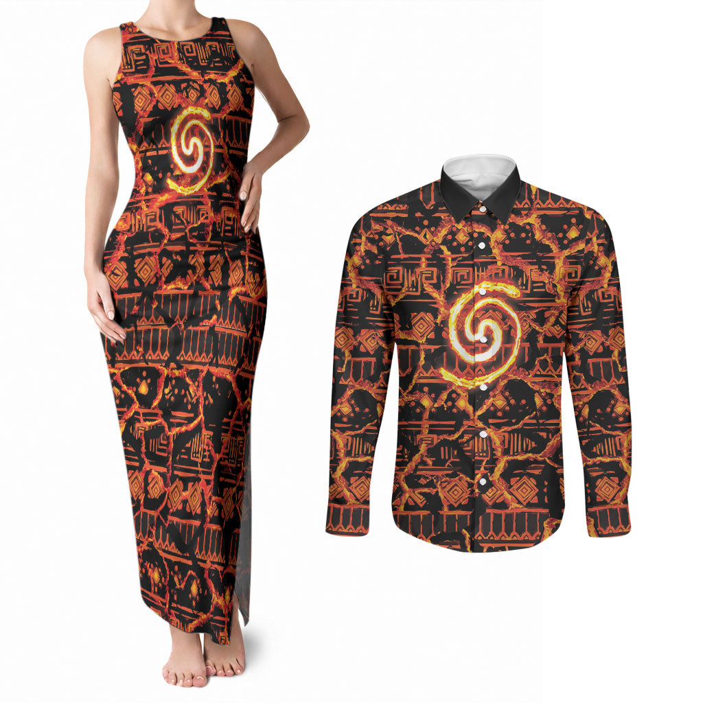 Polynesia Lava Monster Cosplay Couples Matching Tank Maxi Dress and Long Sleeve Button Shirt Fiery Glowing Volcano Crack Pattern