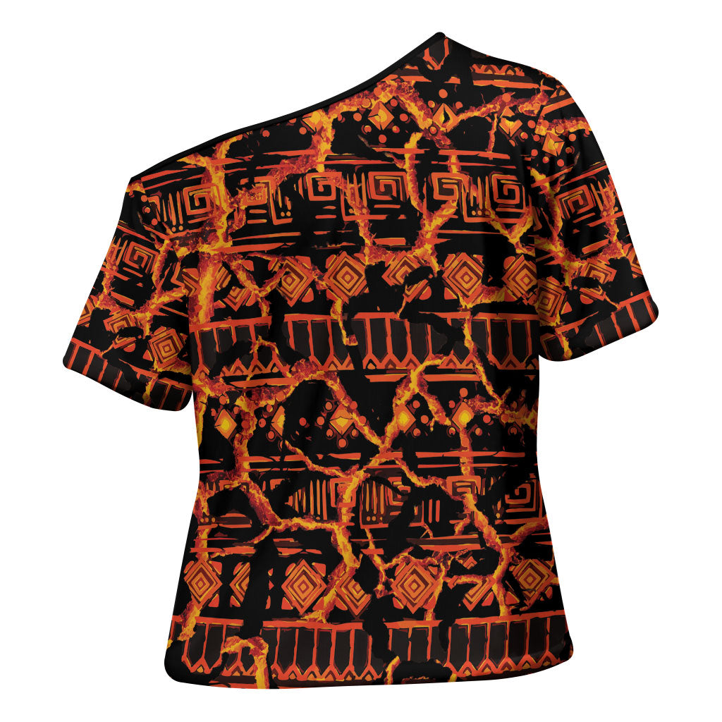 Polynesia Lava Monster Cosplay Cross Shoulder Shirt Fiery Glowing Volcano Crack Pattern