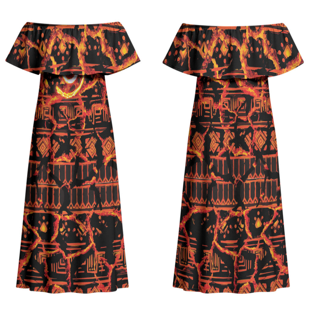 Polynesia Lava Monster Cosplay Family Matching Off Shoulder Maxi Dress and Hawaiian Shirt Fiery Glowing Volcano Crack Pattern