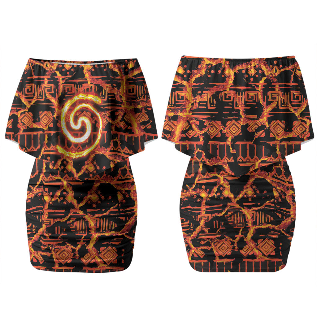 Polynesia Lava Monster Cosplay Family Matching Off Shoulder Short Dress and Hawaiian Shirt Fiery Glowing Volcano Crack Pattern