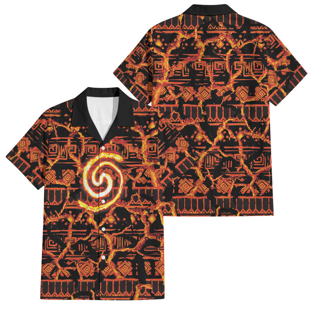 Polynesia Lava Monster Cosplay Family Matching Short Sleeve Bodycon Dress and Hawaiian Shirt Fiery Glowing Volcano Crack Pattern