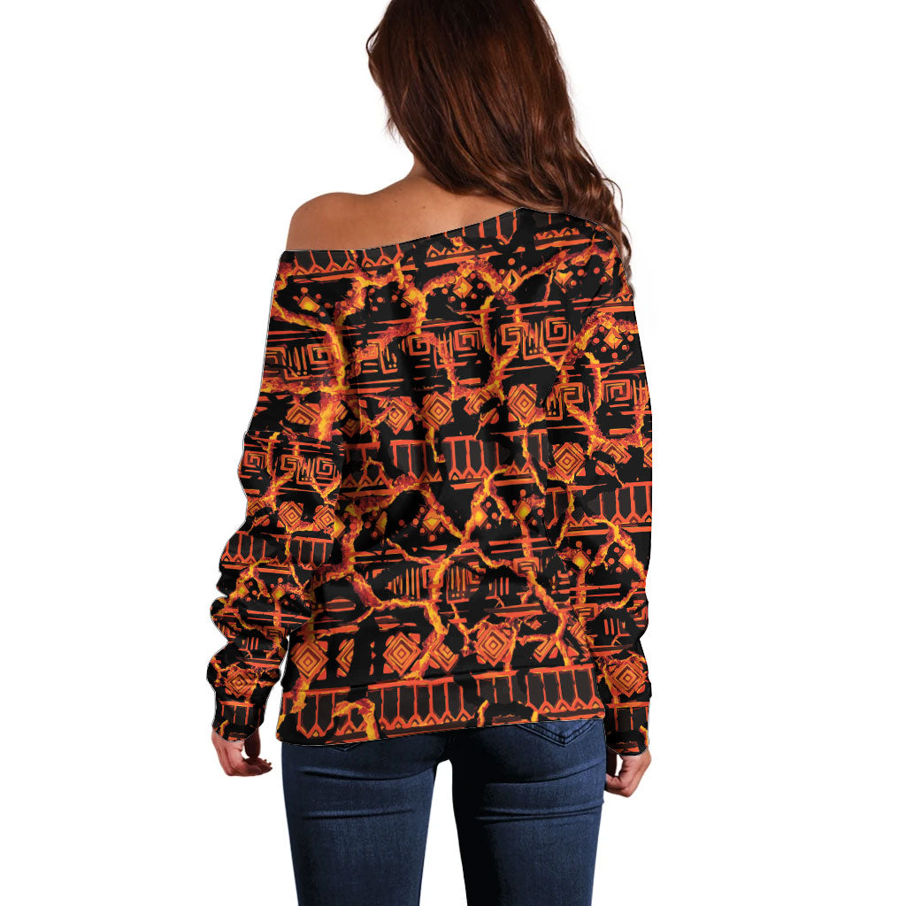 Polynesia Lava Monster Cosplay Off Shoulder Sweater Fiery Glowing Volcano Crack Pattern