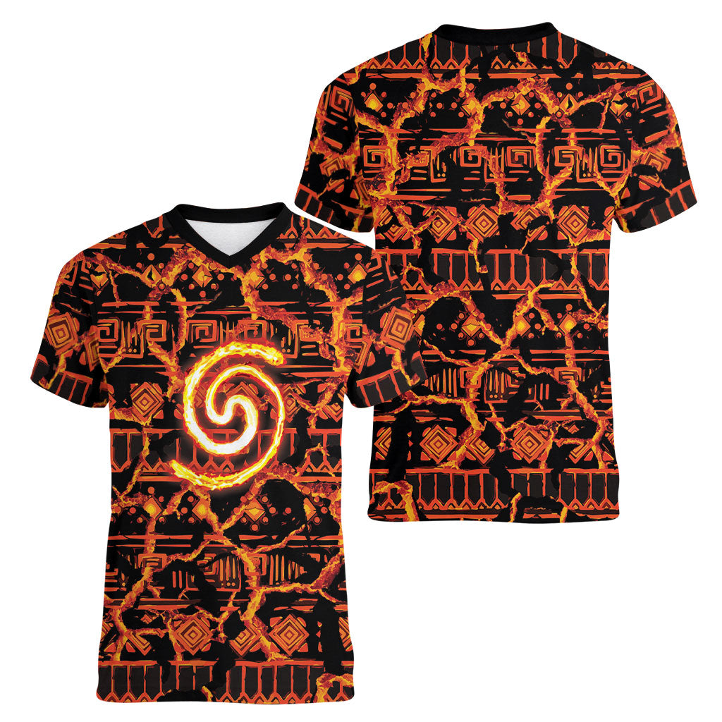 Polynesia Lava Monster Cosplay Women V-Neck T-Shirt Fiery Glowing Volcano Crack Pattern