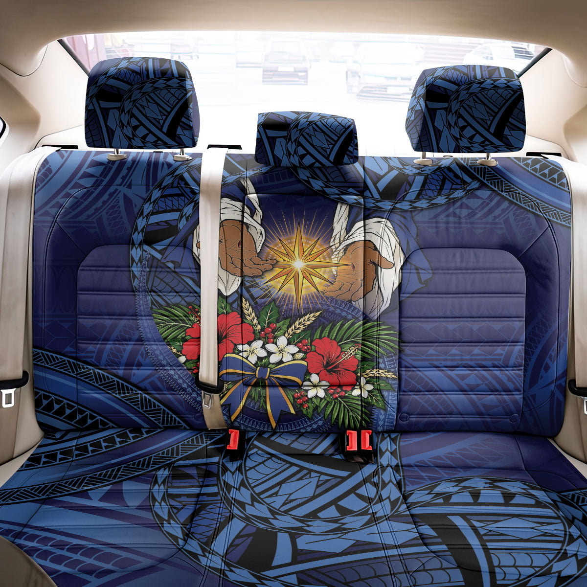 Samoa Manuia Le Kerisimasi Back Car Seat Cover Jesus Hands Bethlehem Star Hibiscus DT05 - Polynesian Pride
