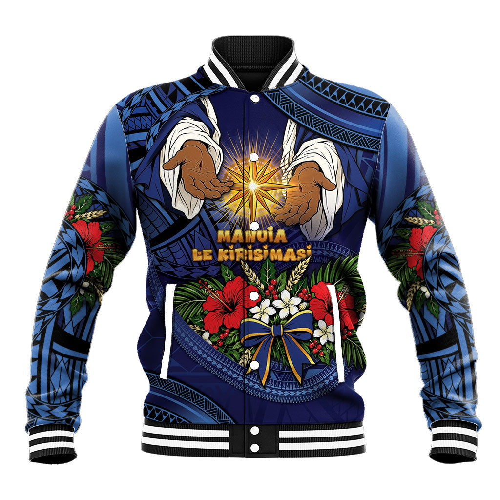 Samoa Manuia Le Kerisimasi Baseball Jacket Jesus Hands Bethlehem Star Hibiscus DT05 Unisex Navy - Polynesian Pride