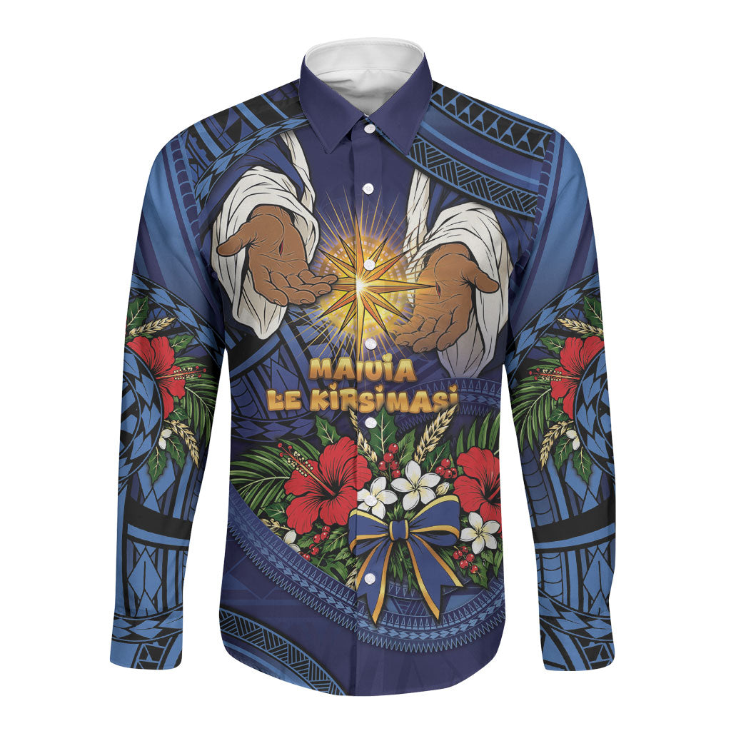 Samoa Manuia Le Kerisimasi Long Sleeve Button Shirt Jesus Hands Bethlehem Star Hibiscus DT05 Unisex Navy - Polynesian Pride