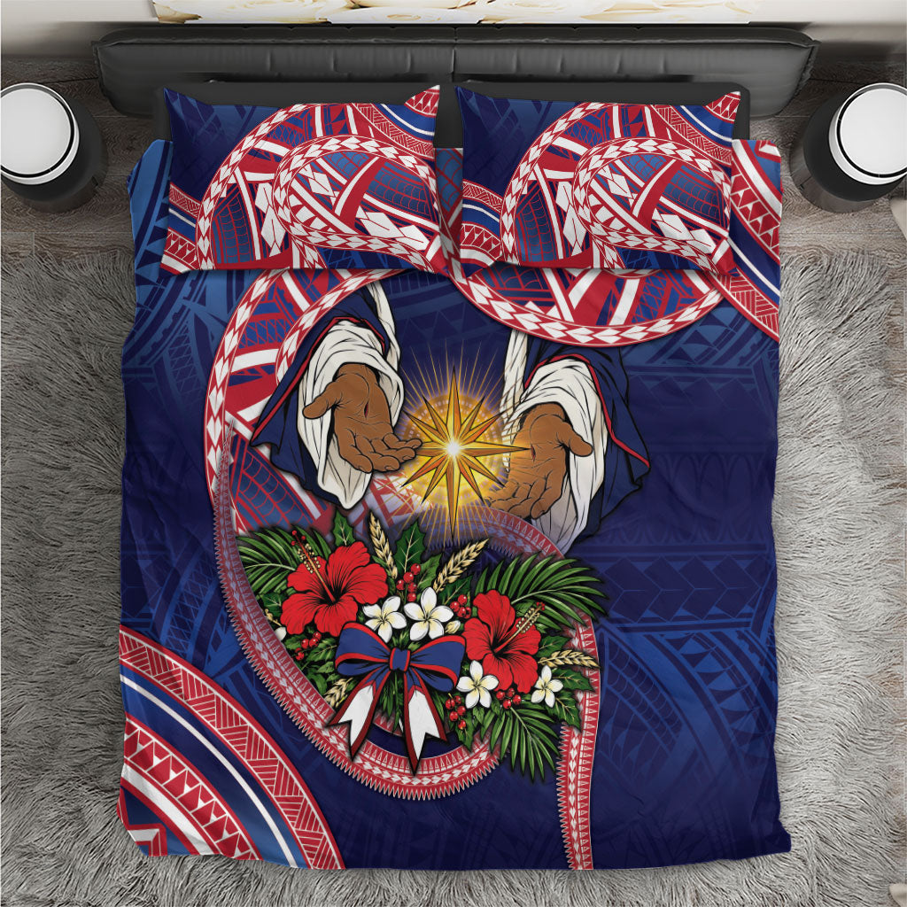 American Samoa Manuia Le Kerisimasi Bedding Set Jesus Hands Bethlehem Star Hibiscus