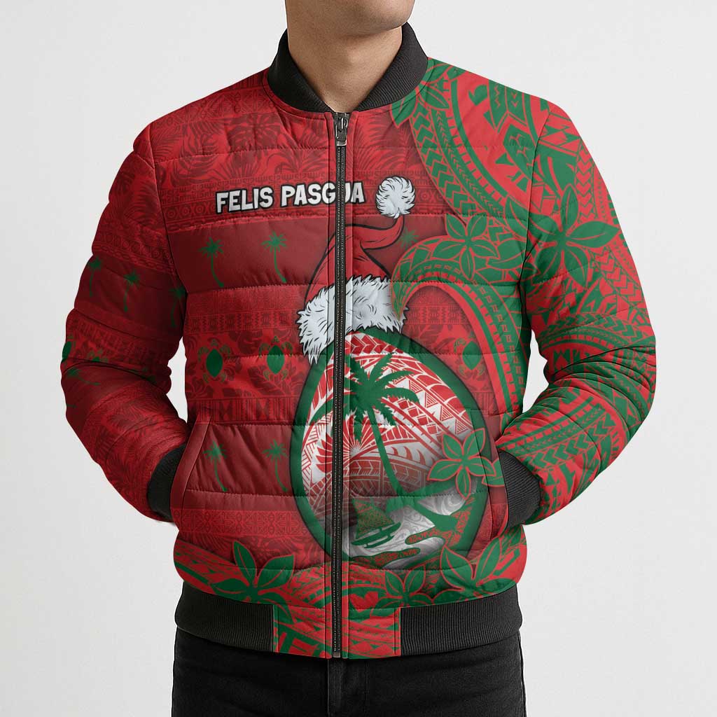 Guam Christmas Bomber Puffer Jacket Chamorro Seal Hat Santa Tribal Waves - Polynesian Pride
