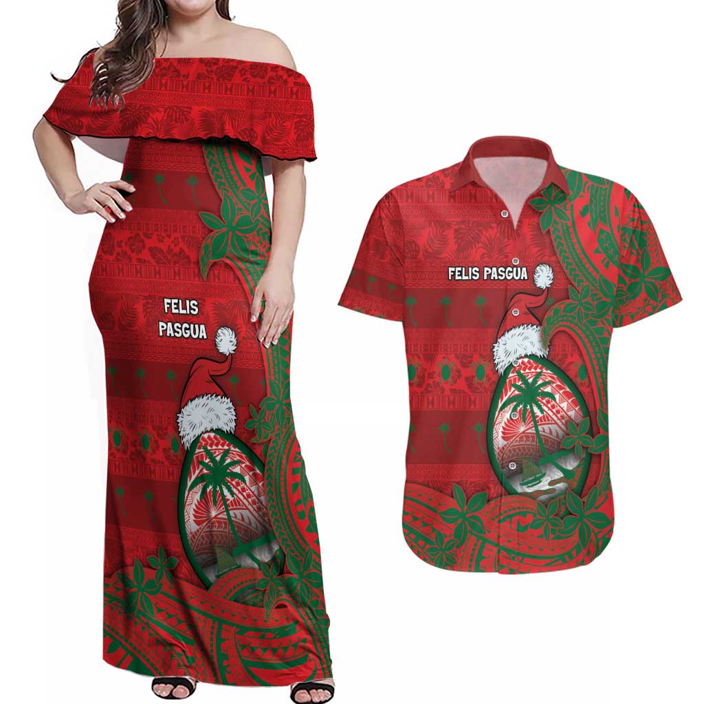 Guam Christmas Couples Matching Off Shoulder Maxi Dress and Hawaiian Shirt Chamorro Seal Hat Santa Tribal Waves - Polynesian Pride