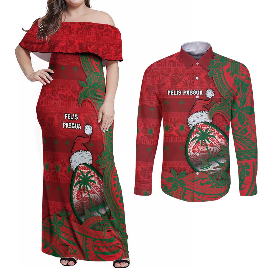 Guam Christmas Couples Matching Off Shoulder Maxi Dress and Long Sleeve Button Shirt Chamorro Seal Hat Santa Tribal Waves - Polynesian Pride
