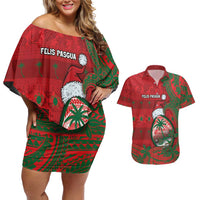 Guam Christmas Couples Matching Off Shoulder Short Dress and Hawaiian Shirt Chamorro Seal Hat Santa Tribal Waves - Polynesian Pride