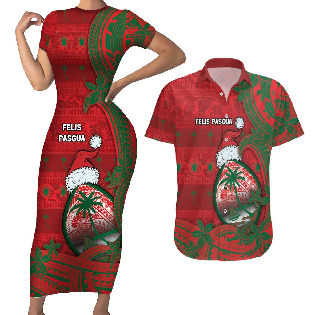 Guam Christmas Couples Matching Short Sleeve Bodycon Dress and Hawaiian Shirt Chamorro Seal Hat Santa Tribal Waves - Polynesian Pride