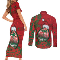 Guam Christmas Couples Matching Short Sleeve Bodycon Dress and Long Sleeve Button Shirt Chamorro Seal Hat Santa Tribal Waves - Polynesian Pride
