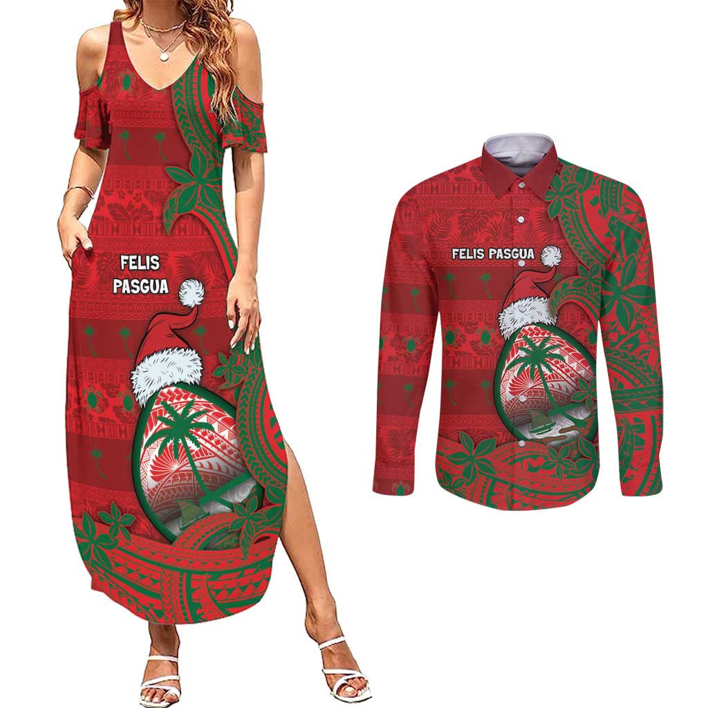 Guam Christmas Couples Matching Summer Maxi Dress and Long Sleeve Button Shirt Chamorro Seal Hat Santa Tribal Waves - Polynesian Pride