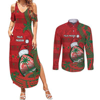 Guam Christmas Couples Matching Summer Maxi Dress and Long Sleeve Button Shirt Chamorro Seal Hat Santa Tribal Waves - Polynesian Pride