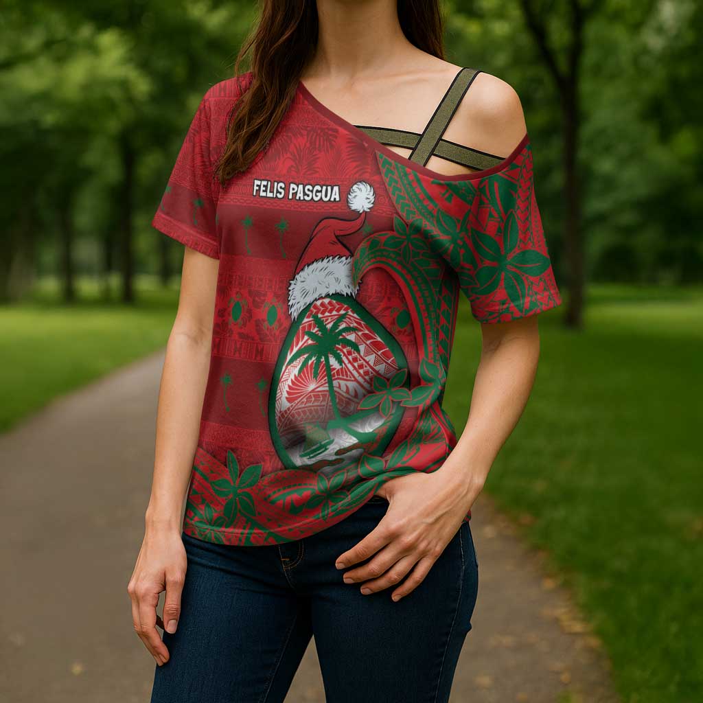 Guam Christmas Cross Shoulder Shirt Chamorro Seal Hat Santa Tribal Waves - Polynesian Pride