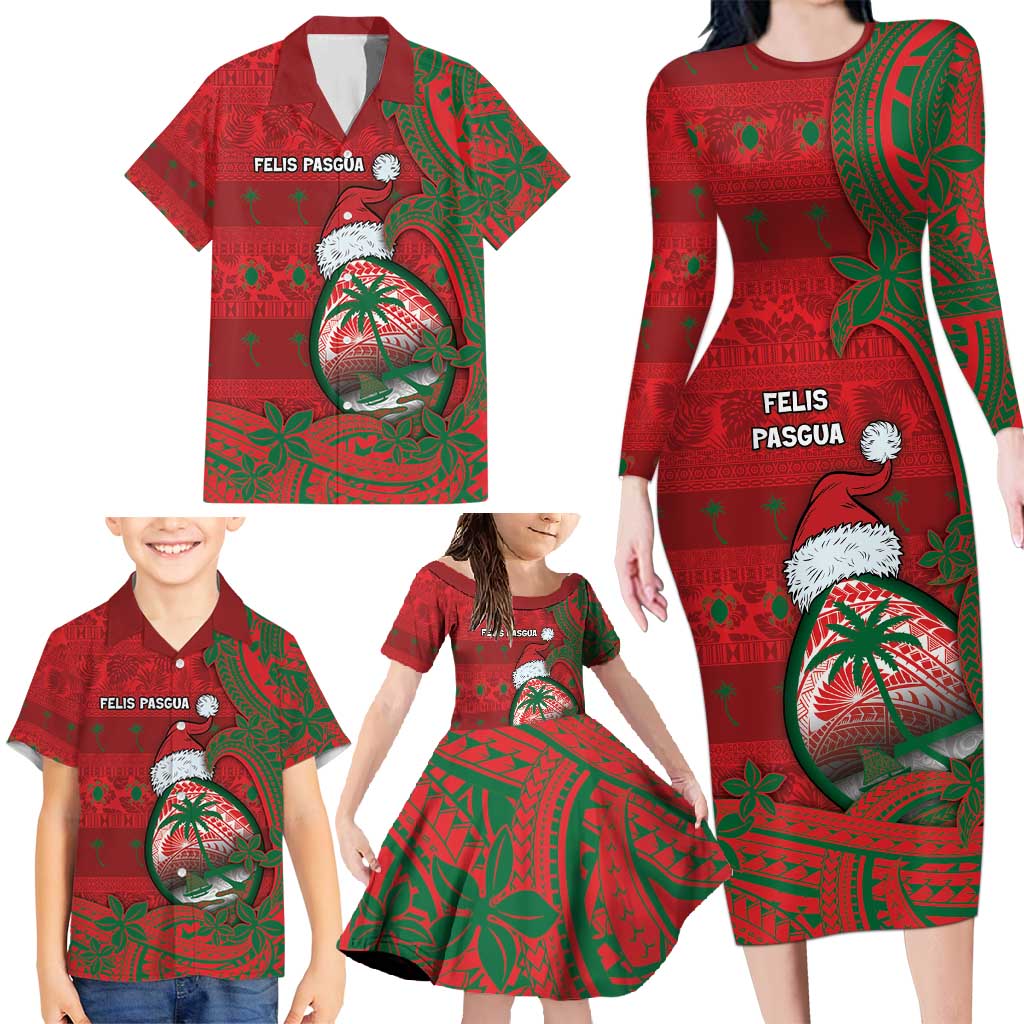 Guam Christmas Family Matching Long Sleeve Bodycon Dress and Hawaiian Shirt Chamorro Seal Hat Santa Tribal Waves - Polynesian Pride