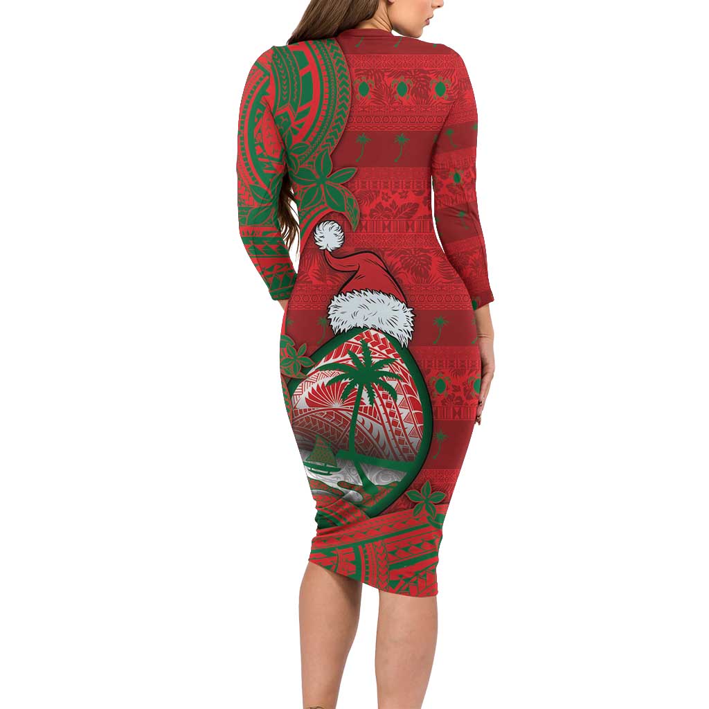 Guam Christmas Family Matching Long Sleeve Bodycon Dress and Hawaiian Shirt Chamorro Seal Hat Santa Tribal Waves - Polynesian Pride