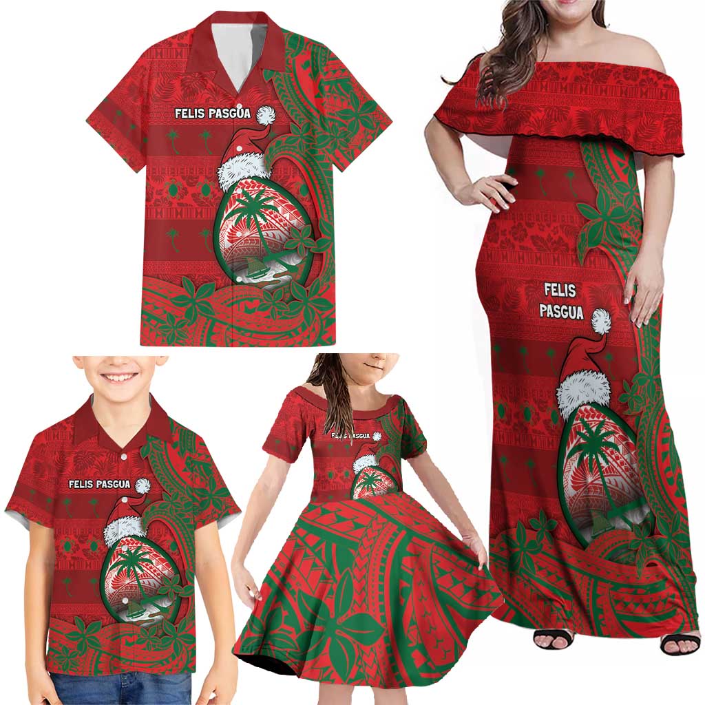 Guam Christmas Family Matching Off Shoulder Maxi Dress and Hawaiian Shirt Chamorro Seal Hat Santa Tribal Waves - Polynesian Pride
