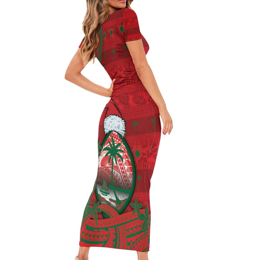 Guam Christmas Family Matching Short Sleeve Bodycon Dress and Hawaiian Shirt Chamorro Seal Hat Santa Tribal Waves - Polynesian Pride